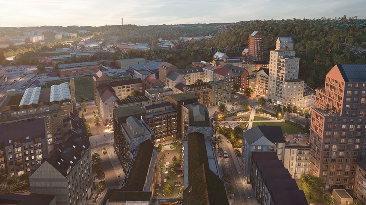 Visualiseringsbild över nya området Södra Änggården. Reservationer för att ändringar kan förekomma..