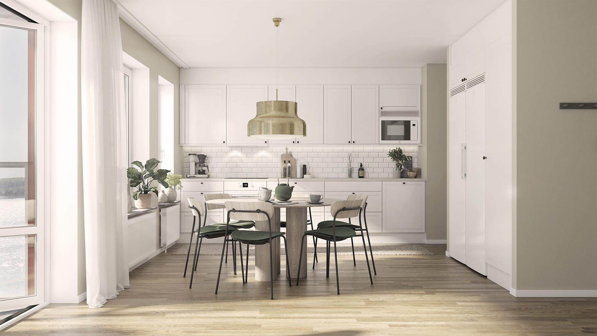 Kök i öppen planlösning till vardagsrum med balkong i 3 RoK